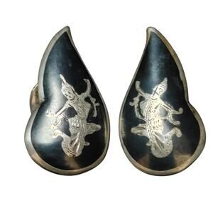 VINTAGE STERLING SILVER & NIELLO CLIP ON EARRINGS SIAM DANCERS